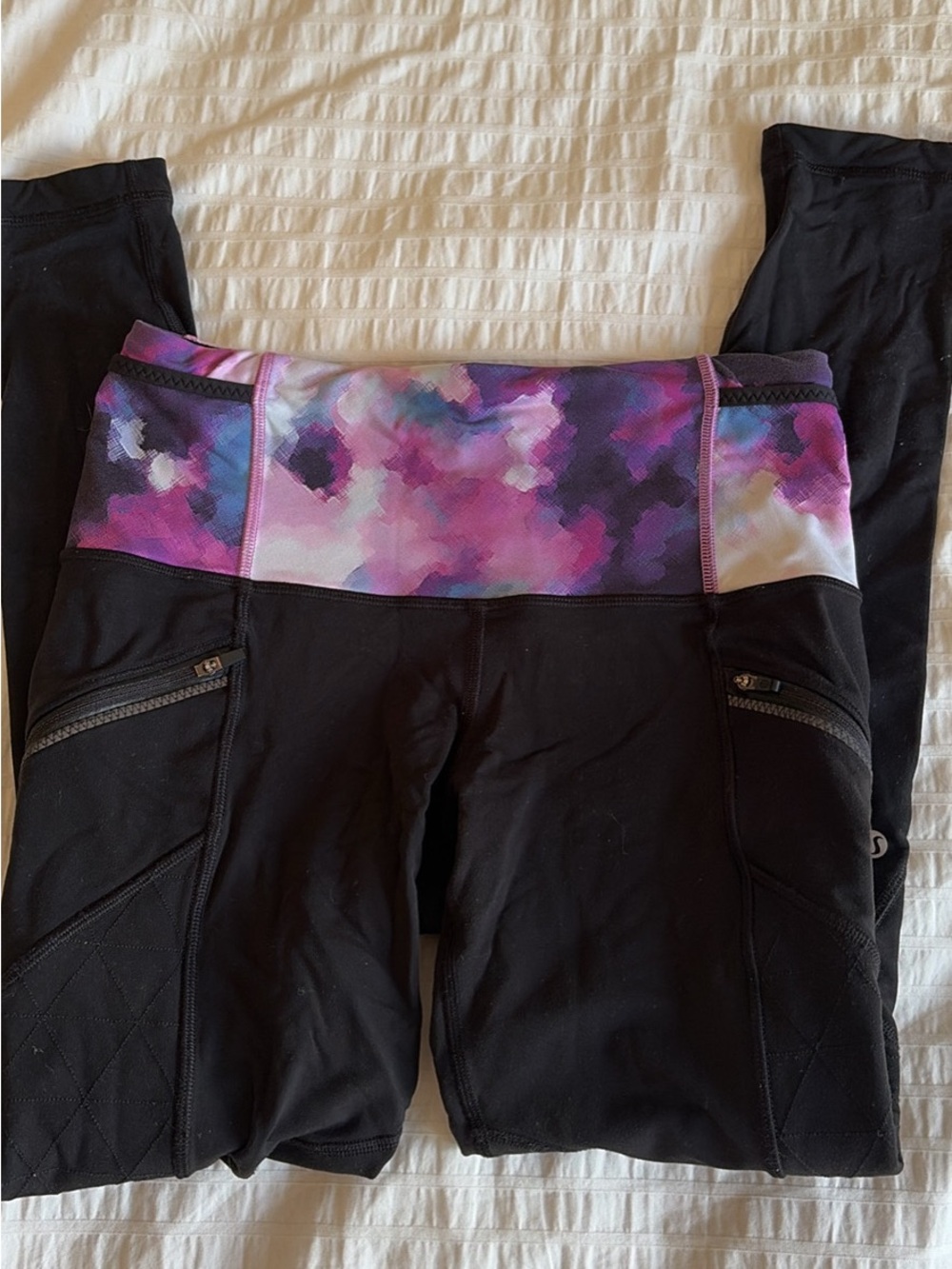 Lulu lemon fleece lined' Black Leggings with Purple Tie-Dye Waistband